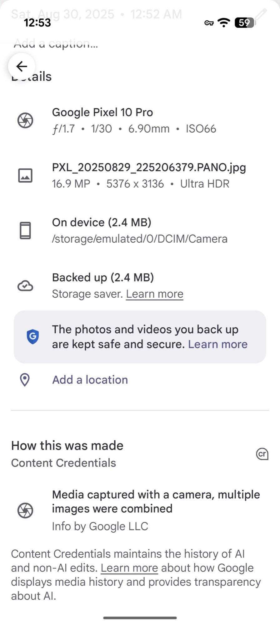 Google Pixel 10 Pro Screenshot Panorama Photo C2PA Πιστοποιητικά
