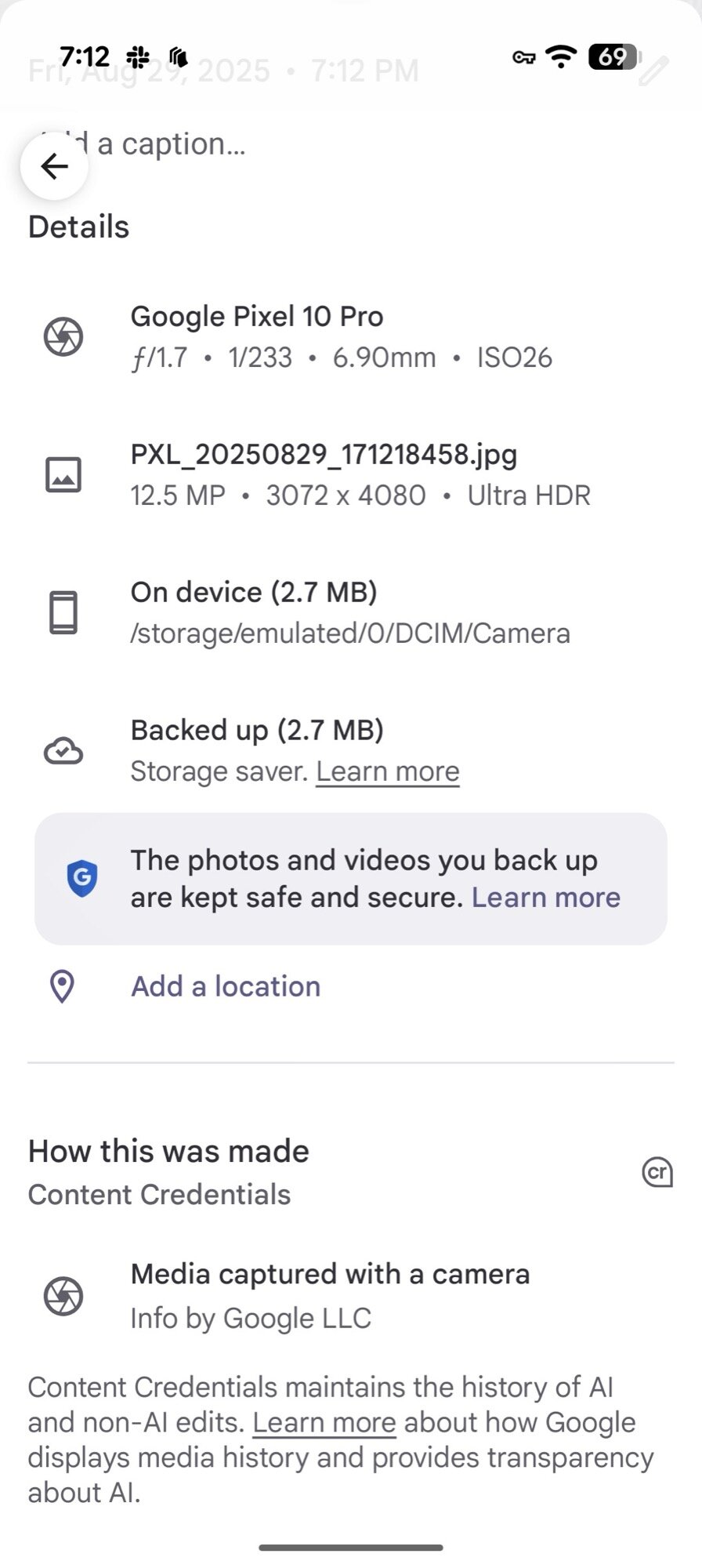 Google Pixel 10 Pro Screenshot Κανονική φωτογραφία C2PA