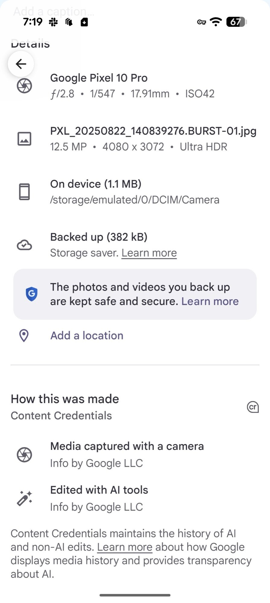 Google Pixel 10 Pro Screenshot 100x Photo C2PA Πιστοποιητικά